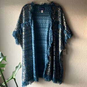 Simply Styled Aztec Blue & Gold Reversible Fringe Poncho Cardigan women S-XXL